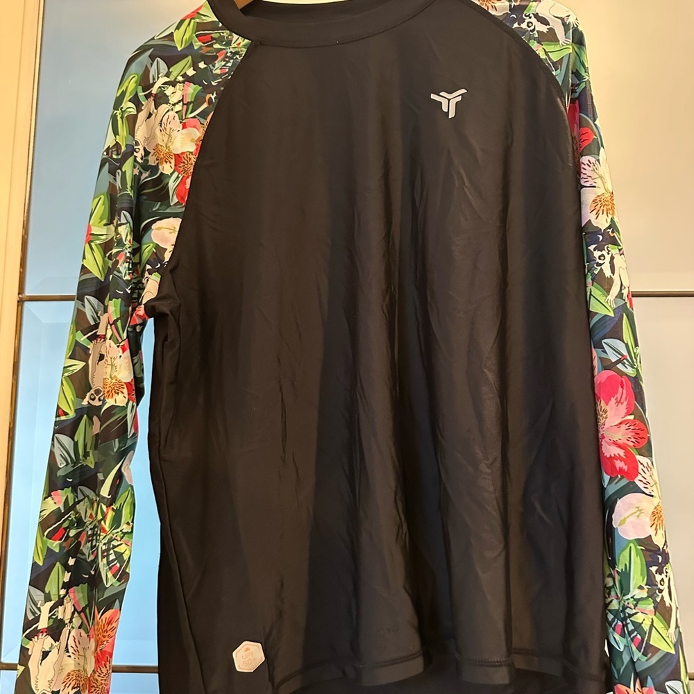 Floral Sleeve Black Long Sleeve Rash Guard Shirt UPF 50+ Size L